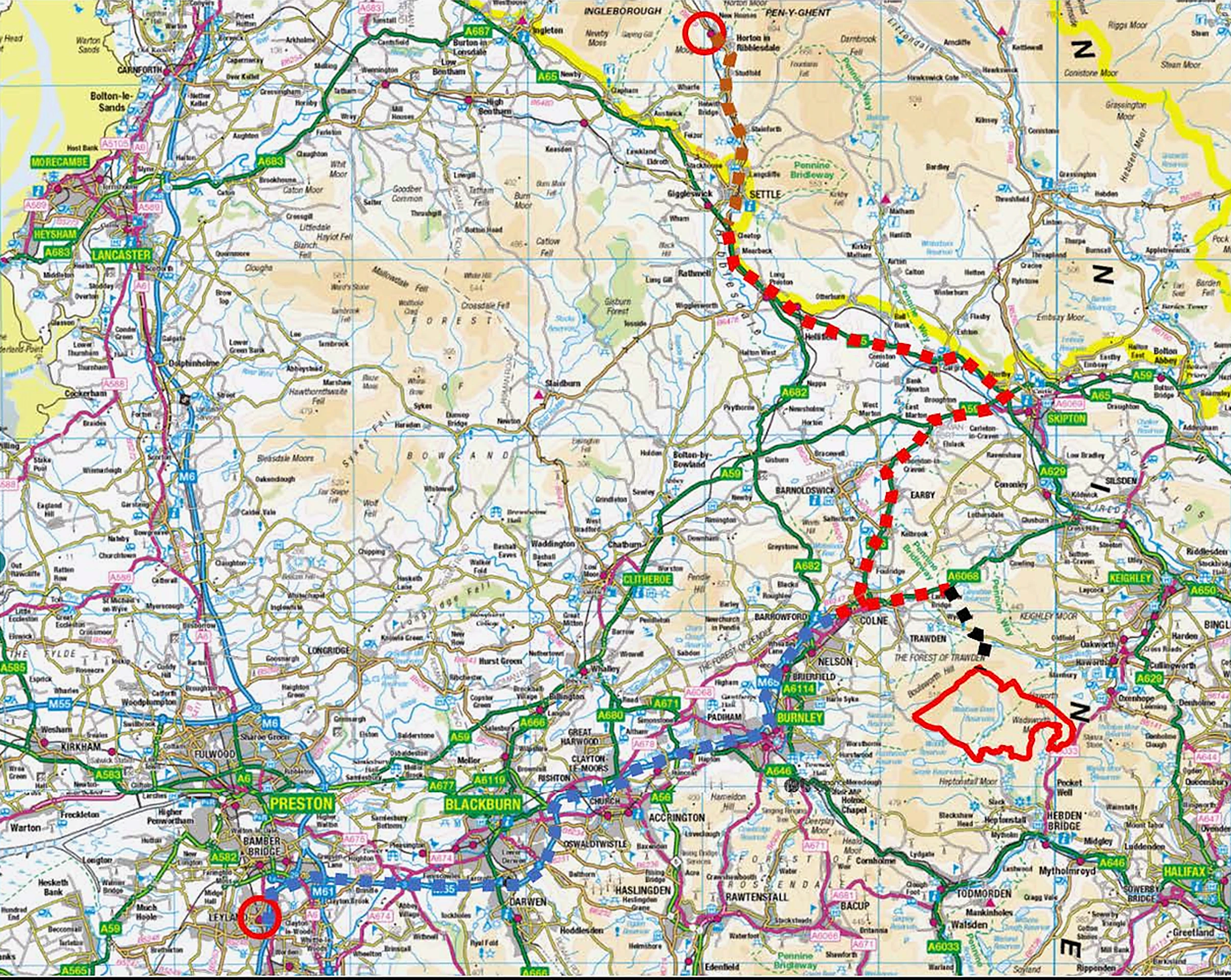 Map showing the Settle granite route through the Yorkshire Dales and surrounding area.